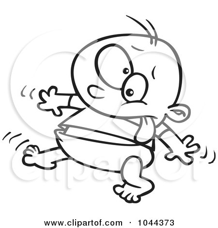 Royalty-Free (RF) Clip Art Illustration of a Cartoon Black And White Outline Design Of A Baby Boy Taking His First Steps by toonaday