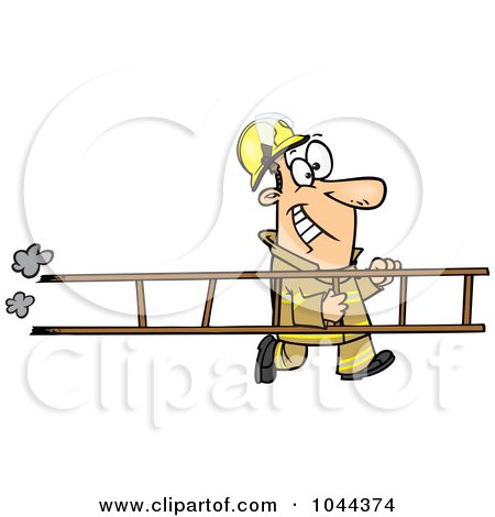 Royalty-Free (RF) Clip Art Illustration of a Cartoon Fire Fighter Carrying A Ladder by toonaday