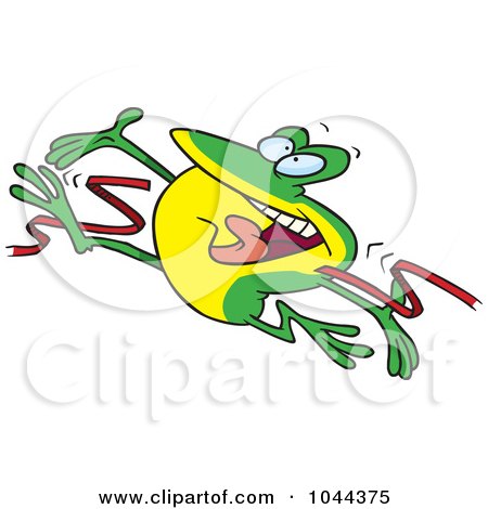 Royalty-Free (RF) Clip Art Illustration of a Cartoon Hopping Frog Breaking Through The Finish Line Ribbon by toonaday