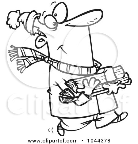 Royalty-Free (RF) Clip Art Illustration of a Cartoon Black And White Outline Design Of A Winter Man Carrying Firewood by toonaday