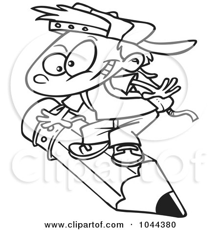 Royalty-Free (RF) Clip Art Illustration of a Cartoon Black And White Outline Design Of A School Boy Riding A Pencil by toonaday