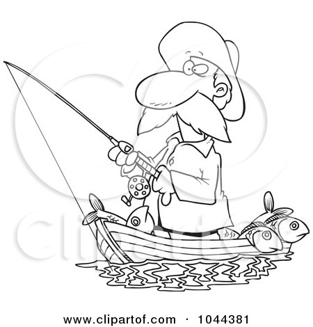 Cartoon Black And White Outline Design Of A Fisherman Standing In His Boat  Posters, Art Prints by - Interior Wall Decor #1044381
