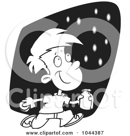 Royalty-Free (RF) Clip Art Illustration of a Cartoon Black And White Outline Design Of A Boy Catching Fire Flies by toonaday