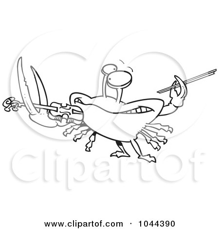 Royalty-Free (RF) Clip Art Illustration of a Cartoon Black And White Outline Design Of A Fiddler Crab Playing A Violin by toonaday