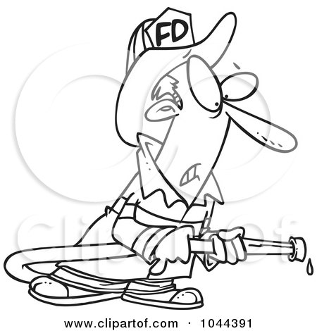 Royalty-Free (RF) Clip Art Illustration of a Cartoon Black And White Outline Design Of A Fire Fighter Carrying A Hose by toonaday