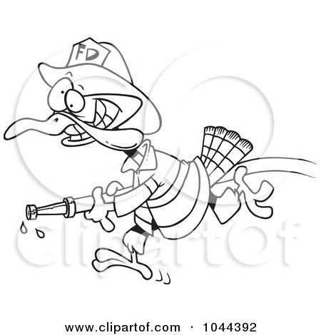 Royalty-Free (RF) Clip Art Illustration of a Cartoon Black And White Outline Design Of A Fire Fighter Turkey Carrying A Hose by toonaday
