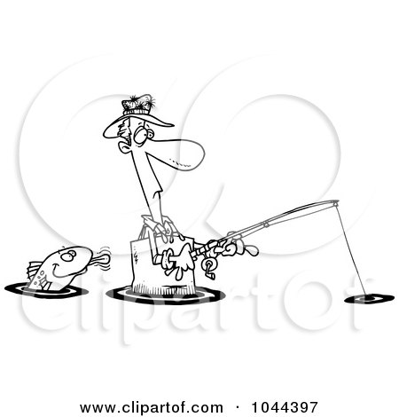 Royalty-Free (RF) Clip Art Illustration of a Cartoon Black And White Outline Design Of A Fish Sticking His Tongue Out At A Wading Fisherman by toonaday