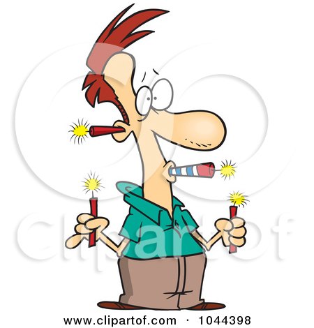 Royalty-Free (RF) Clip Art Illustration of a Cartoon Man Holding A Lot Of Fireworks by toonaday