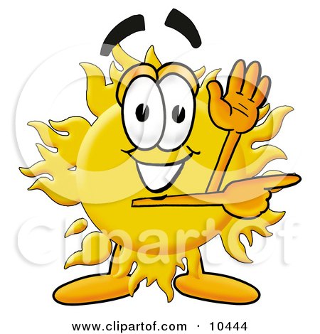 Clipart Picture of a Sun Mascot Cartoon Character Waving and Pointing by Mascot Junction