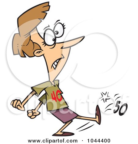 Royalty-Free (RF) Clip Art Illustration of a Cartoon Woman Wearing A 40 Shirt And Kicking 50 by toonaday