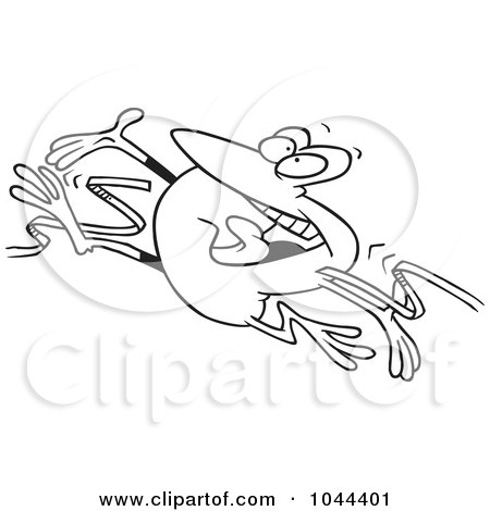 Royalty-Free (RF) Clip Art Illustration of a Cartoon Black And White Outline Design Of A Hopping Frog Breaking Through The Finish Line Ribbon by toonaday