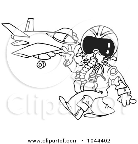 Royalty-Free (RF) Clip Art Illustration of a Cartoon Black And White Outline Design Of A Fighter Pilot Near His Jet by toonaday