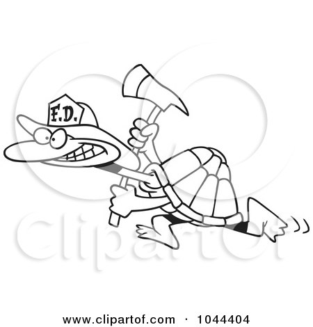 Royalty-Free (RF) Clip Art Illustration of a Cartoon Black And White Outline Design Of A Fire Fighter Tortoise Carrying An Axe by toonaday