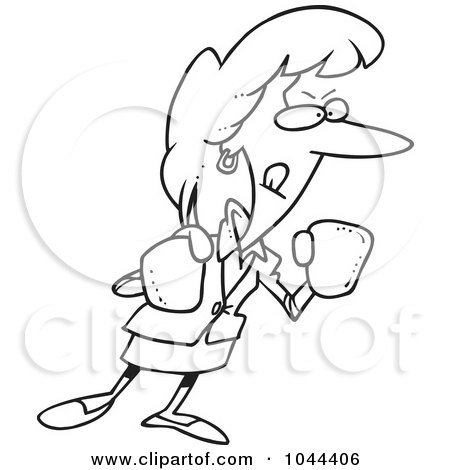 Royalty-Free (RF) Clip Art Illustration of a Cartoon Black And White Outline Design Of A Feisty Businesswoman Wearing Boxing Gloves by toonaday