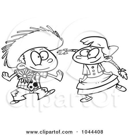 Royalty-Free (RF) Clip Art Illustration of a Cartoon Black And White Outline Design Of A Boy And Girl Dancing At A Fiesta by toonaday