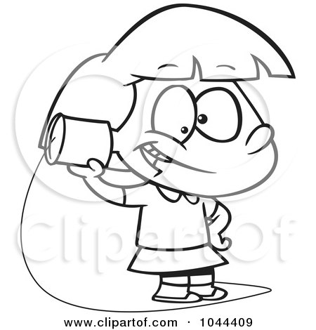 Royalty-Free (RF) Clip Art Illustration of a Cartoon Black And White Outline Design Of A Girl Using A Can Phone by toonaday