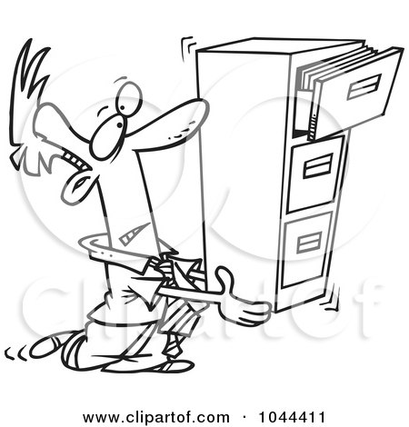 Royalty-Free (RF) Clip Art Illustration of a Cartoon Black And White Outline Design Of A Businessman Carrying A Filing Cabinet by toonaday