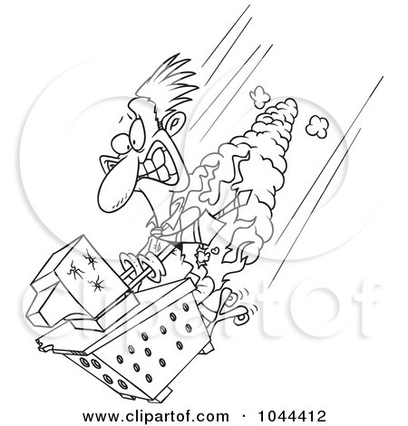 Royalty-Free (RF) Clip Art Illustration of a Cartoon Black And White Outline Design Of A Businessman And Computer Going Down In Flames by toonaday