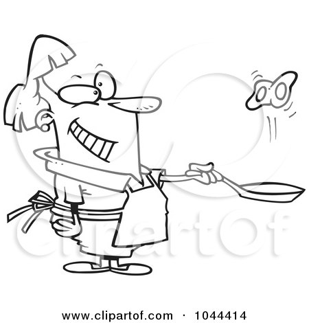 Royalty-Free (RF) Clip Art Illustration of a Cartoon Black And White Outline Design Of A Woman Flipping Eggs In A Frying Pan by toonaday