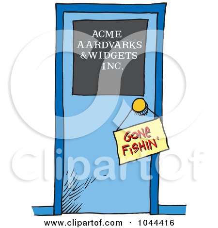 Royalty-Free (RF) Clip Art Illustration of a Cartoon Gone Fishing Sign On A Door by toonaday