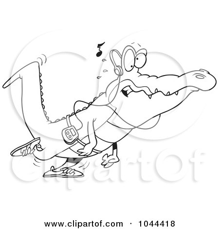 Royalty-Free (RF) Clip Art Illustration of a Cartoon Black And White Outline Design Of A Gator Walking And Listening To Music by toonaday