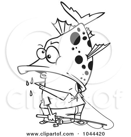 Royalty-Free (RF) Clip Art Illustration of a Cartoon Black And White Outline Design Of A Fisherman Inside A Big Fish's Mouth by toonaday