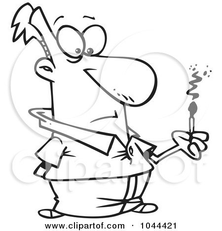 Royalty-Free (RF) Clip Art Illustration of a Cartoon Black And White Outline Design Of A Man Watching A Match Fizzle by toonaday