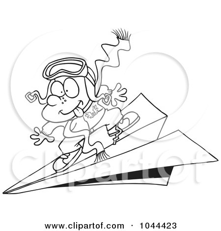 Royalty-Free (RF) Clip Art Illustration of a Cartoon Black And White Outline Design Of A Pilot Boy Flying On A Paper Plane by toonaday