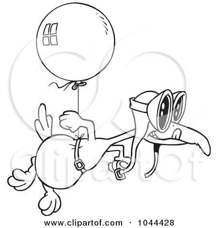 Royalty-Free (RF) Clip Art Illustration of a Cartoon Black And White Outline Design Of A Flightless Bird Tied To A Balloon by toonaday