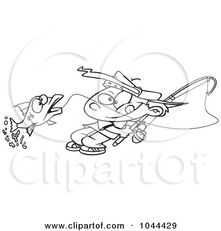 Royalty-Free (RF) Clip Art Illustration of a Cartoon Black And White Outline Design Of A Fishing Boy Reeling In A Fish by toonaday