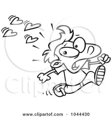 Royalty-Free (RF) Clip Art Illustration of a Cartoon Black And White Outline Design Of A Boy Fleeing From Love by toonaday
