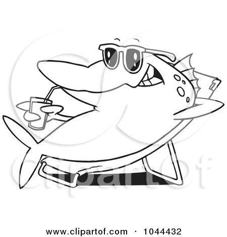Royalty-Free (RF) Clip Art Illustration of a Cartoon Black And White Outline Design Of A Fish Relaxing On A Lounge Chair And Sipping A Beverage by toonaday