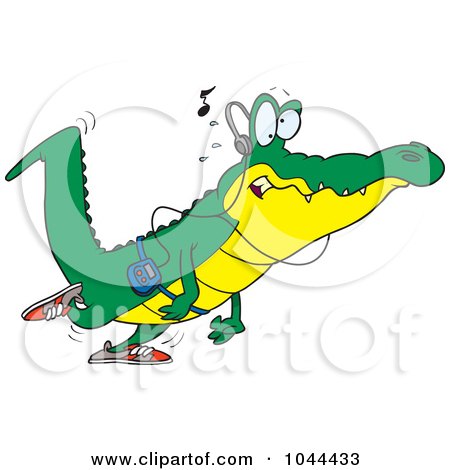 Royalty-Free (RF) Clip Art Illustration of a Cartoon Gator Walking And Listening To Music by toonaday