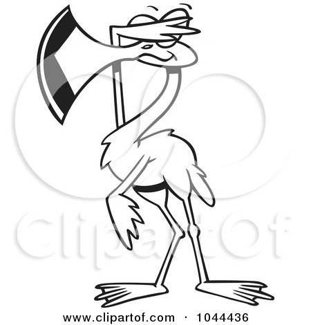 Royalty-Free (RF) Clip Art Illustration of a Cartoon Black And White Outline Design Of A Flamingo Covering His Eyes by toonaday