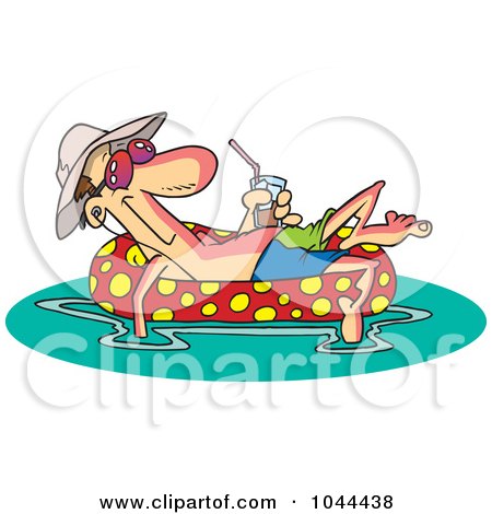 Royalty-Free (RF) Clip Art Illustration of a Cartoon Man Floating In An Inner Tube With A Beverage by toonaday