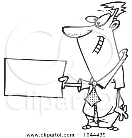 Royalty-Free (RF) Clip Art Illustration of a Cartoon Black And White Outline Design Of A Businessman Holding Out A Flash Card by toonaday