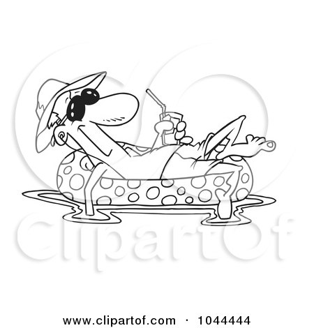 Royalty-Free (RF) Clip Art Illustration of a Cartoon Black And White Outline Design Of A Man Floating In An Inner Tube With A Beverage by toonaday