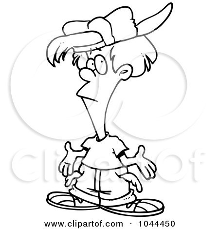 Royalty-Free (RF) Clip Art Illustration of a Cartoon Black And White Outline Design Of A Flat Broke Teen Boy by toonaday
