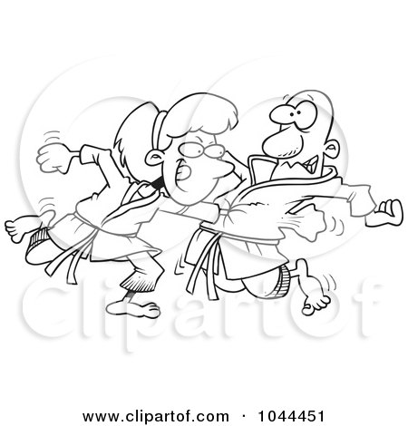 Royalty-Free (RF) Clip Art Illustration of a Cartoon Black And White Outline Design Of A Karate Woman Punching Her Fist Through A Man's Chest by toonaday