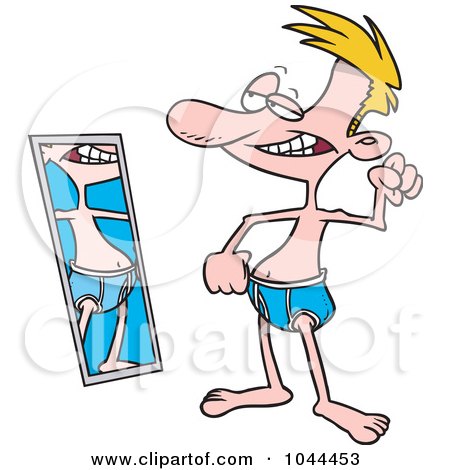 Royalty-Free (RF) Clip Art Illustration of a Cartoon Scrawny Man Flexing By A Mirror by toonaday