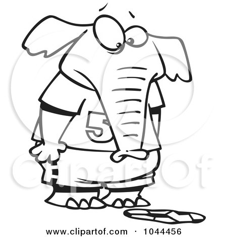 Royalty-Free (RF) Clip Art Illustration of a Cartoon Black And White Outline Design Of An Elephant Staring At A Flattened Soccer Ball by toonaday