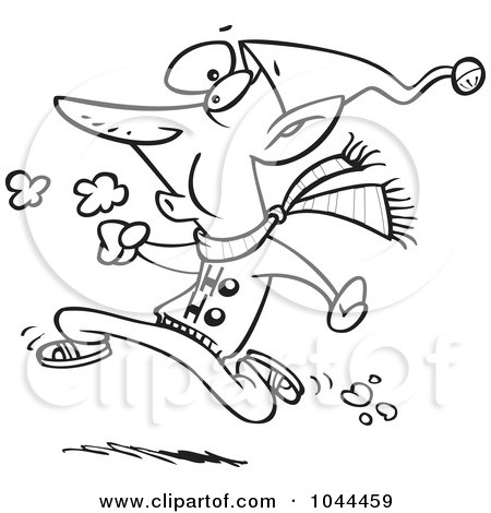 Royalty-Free (RF) Clip Art Illustration of a Cartoon Black And White Outline Design Of A Fit Elf Running by toonaday
