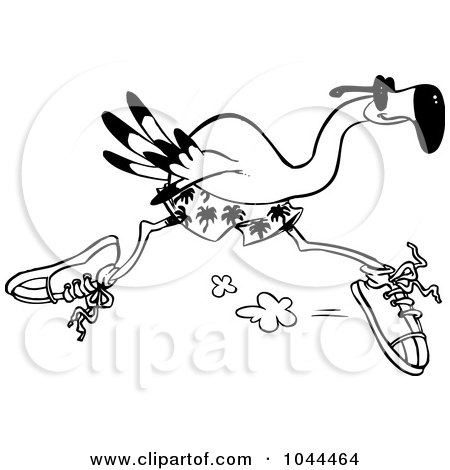 Royalty-Free (RF) Clip Art Illustration of a Cartoon Black And White Outline Design Of A Flamingo Running by toonaday