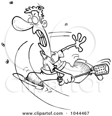 Royalty-Free (RF) Clip Art Illustration of a Cartoon Black And White Outline Design Of A Man Swatting At Flies by toonaday