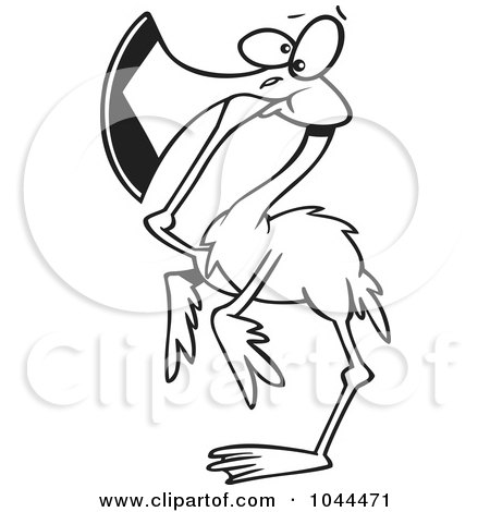 Royalty-Free (RF) Clip Art Illustration of a Cartoon Black And White Outline Design Of A Flamingo Covering His Mouth by toonaday