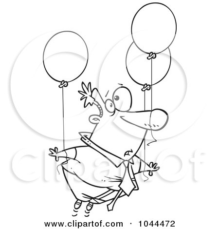 Royalty-Free (RF) Clip Art Illustration of a Cartoon Black And White Outline Design Of A Businessman Floating Away With Balloons by toonaday