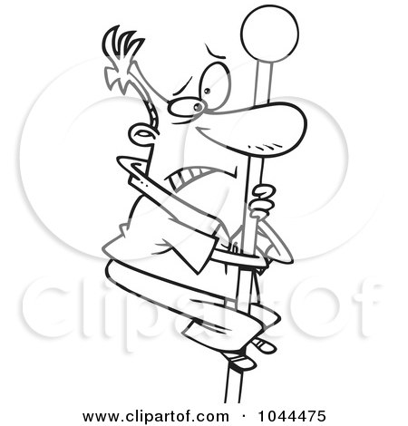 Royalty-Free (RF) Clip Art Illustration of a Cartoon Black And White Outline Design Of A Man Climbing A Flag Pole by toonaday