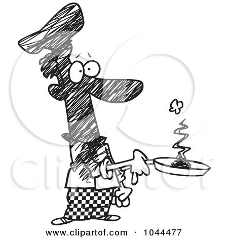 Royalty-Free (RF) Clip Art Illustration of a Cartoon Black And White Outline Design Of A Man Holding A Smoking Frying Pan by toonaday