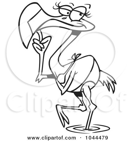 Royalty-Free (RF) Clip Art Illustration of a Cartoon Black And White Outline Design Of A Flamingo Babe In A Bikini by toonaday