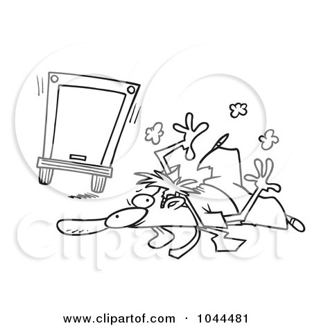 Royalty-Free (RF) Clip Art Illustration of a Cartoon Black And White Outline Design Of A Flattened Businessman Hit By A Big Rig by toonaday